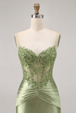 Vert sans bretelles Corset Paillettes Moulante robe de cocktail avec Appliques