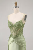 Vert sans bretelles Corset Paillettes Moulante robe de cocktail avec Appliques