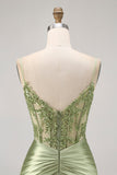 Vert sans bretelles Corset Paillettes Moulante robe de cocktail avec Appliques
