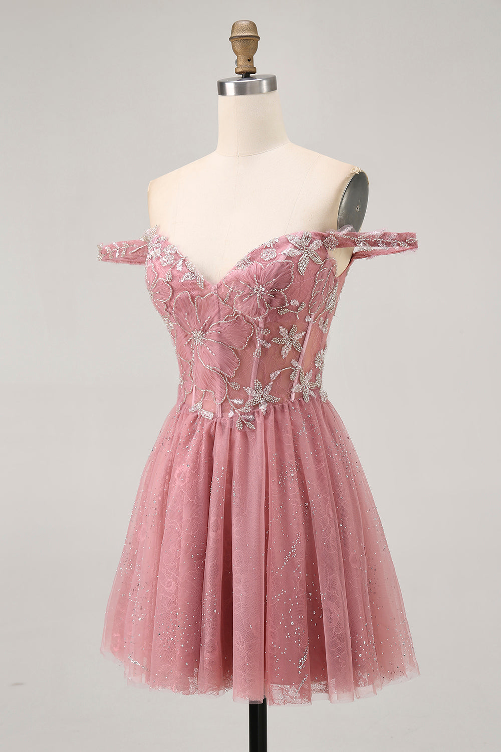 Épaule dénudée Dusty Rose Floral A Line Homecoming Dress