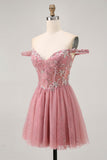 Épaule dénudée Dusty Rose Floral A Line Homecoming Dress
