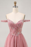 Épaule dénudée Dusty Rose Floral A Line Homecoming Dress