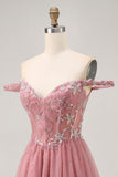 Épaule dénudée Dusty Rose Floral A Line Homecoming Dress