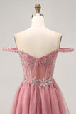 Épaule dénudée Dusty Rose Floral A Line Homecoming Dress