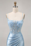 Bleu moulante paillettes Corset perlé robe de cocktail avec appliques