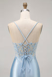 Bleu moulante paillettes Corset perlé robe de cocktail avec appliques