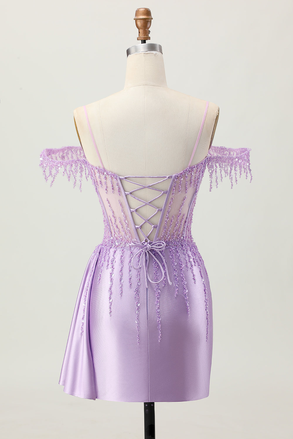 Robe courte corset perlée à paillettes lilas à épaules dénudées