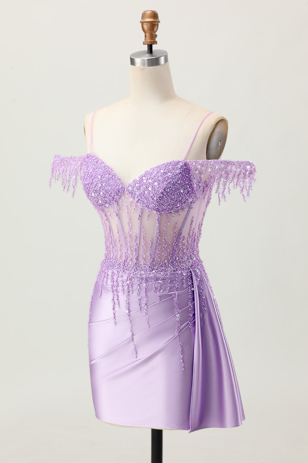 Robe courte corset perlée à paillettes lilas à épaules dénudées
