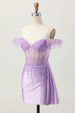 Robe courte corset perlée à paillettes lilas à épaules dénudées