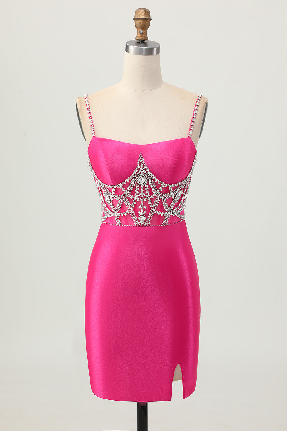 Robe de bal en satin à bretelles spaghetti fuchsia moulante avec fente