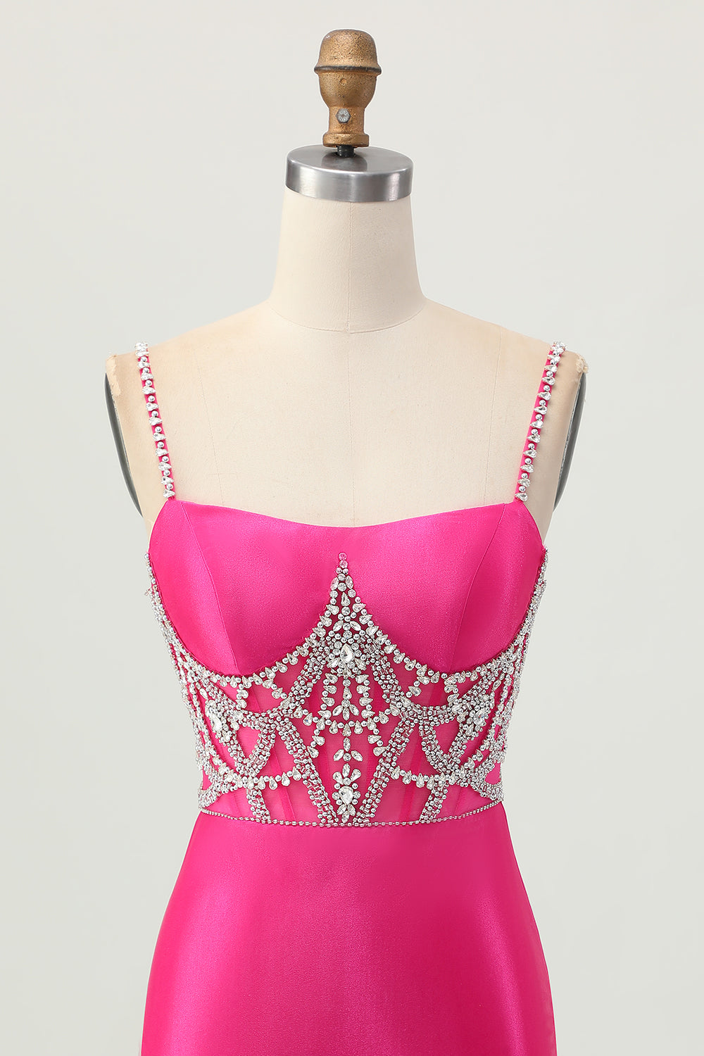 Robe de bal en satin à bretelles spaghetti fuchsia moulante avec fente