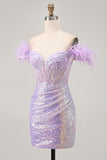 Robe courte corset à paillettes lilas scintillantes à épaules dénudées