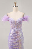 Robe courte corset à paillettes lilas scintillantes à épaules dénudées