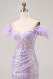 Robe courte corset à paillettes lilas scintillantes à épaules dénudées