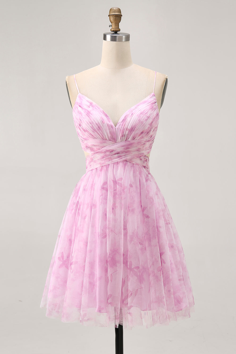 Rose Floral A Ligne Spaghetti Bretelles Ruché Robe Courte Retrouvailles
