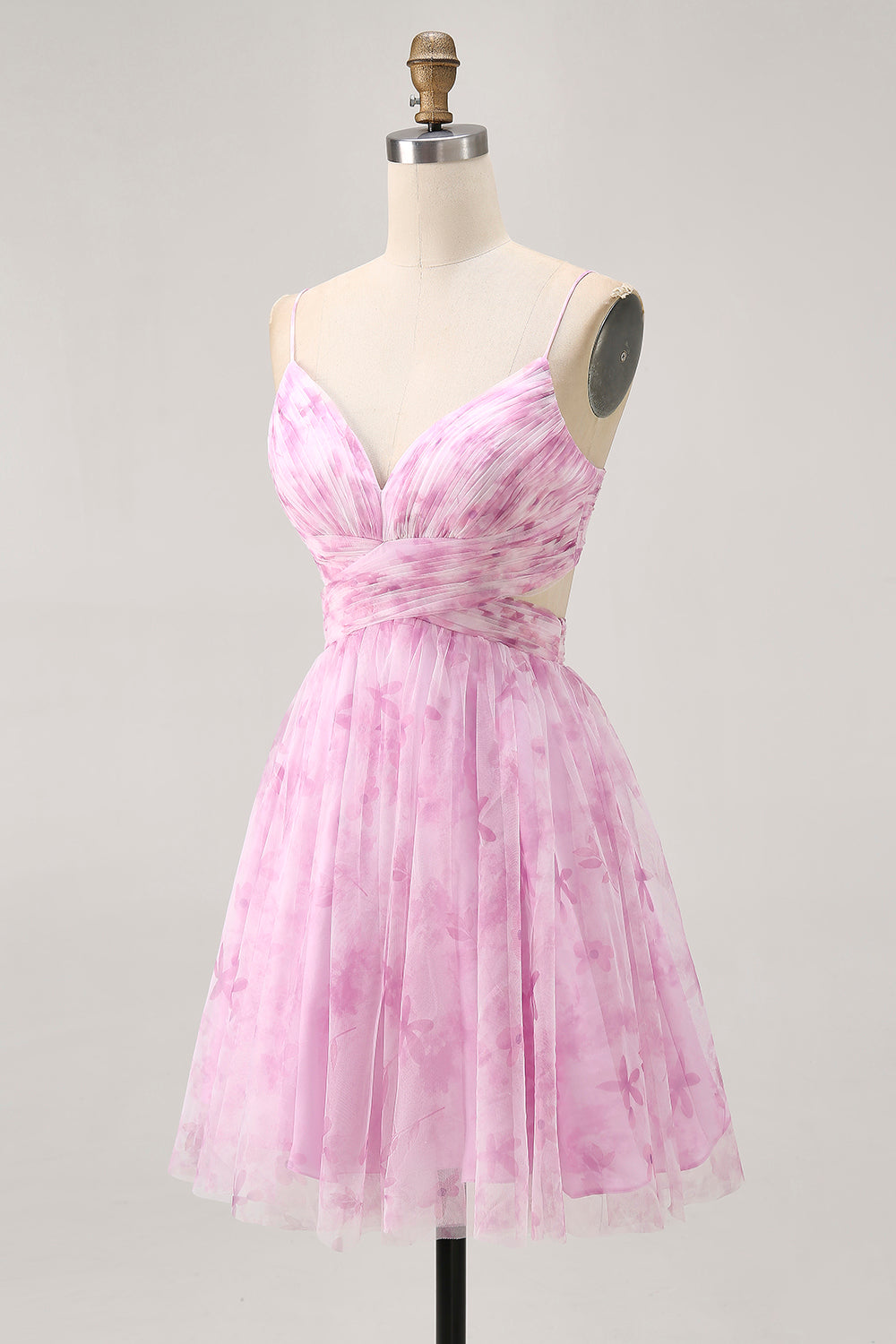 Rose Floral A Ligne Spaghetti Bretelles Ruché Robe Courte Retrouvailles