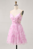 Rose Floral A Ligne Spaghetti Bretelles Ruché Robe Courte Retrouvailles