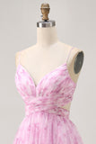Rose Floral A Ligne Spaghetti Bretelles Ruché Robe Courte Retrouvailles