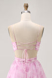 Rose Floral A Ligne Spaghetti Bretelles Ruché Robe Courte Retrouvailles