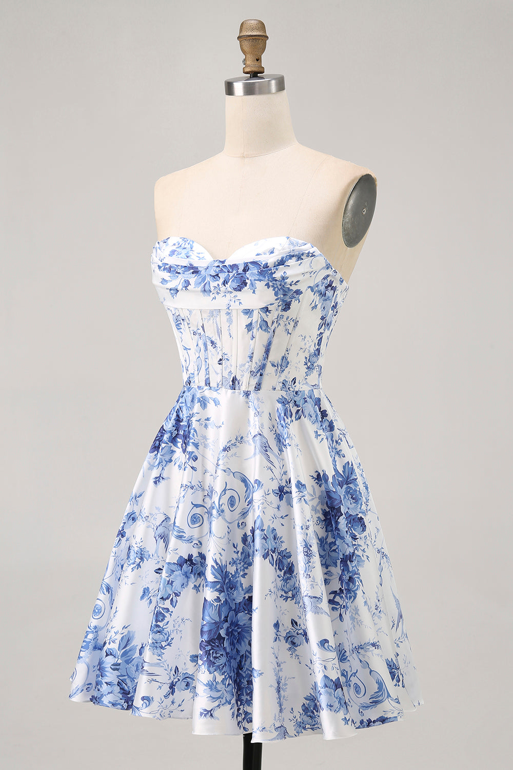 Blanc Bleu Fleur Une Ligne Sans Bretelles Corset Robe De Cocktail