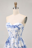 Blanc Bleu Fleur Une Ligne Sans Bretelles Corset Robe De Cocktail
