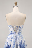 Blanc Bleu Fleur Une Ligne Sans Bretelles Corset Robe De Cocktail