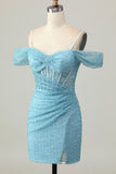 Bleu moulante épaules froides Corset Robe courte De Cocktail avec fente
