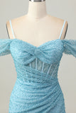 Bleu moulante épaules froides Corset Robe courte De Cocktail avec fente