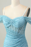 Bleu moulante épaules froides Corset Robe courte De Cocktail avec fente