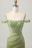 Vert Épaule Dénudée Corset Paillettes moulante Robe De Cocktail