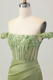 Vert Épaule Dénudée Corset Paillettes moulante Robe De Cocktail