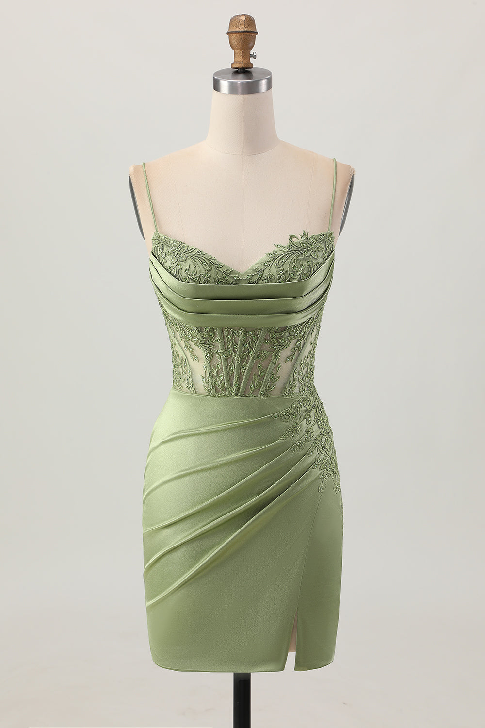 Corset vert sauge Robe courte en satin de retour à la maison avec fente