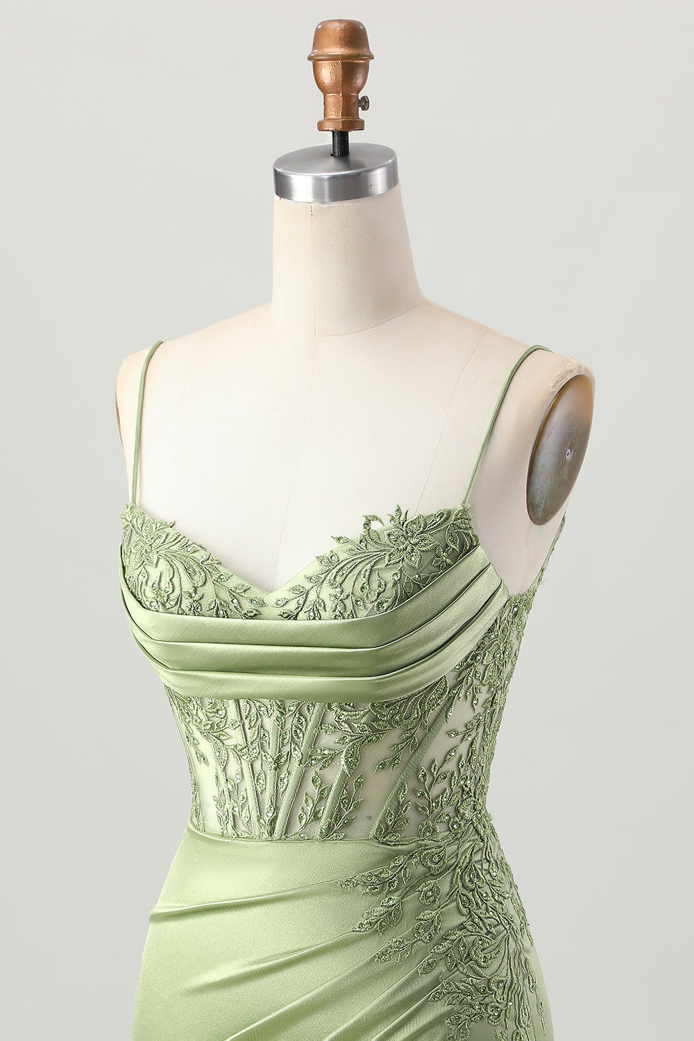 Corset vert sauge Robe courte en satin de retour à la maison avec fente