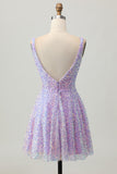 Paillettes A Line Robe courte à col en V lilas pour les retrouvailles