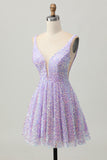 Paillettes A Line Robe courte à col en V lilas pour les retrouvailles