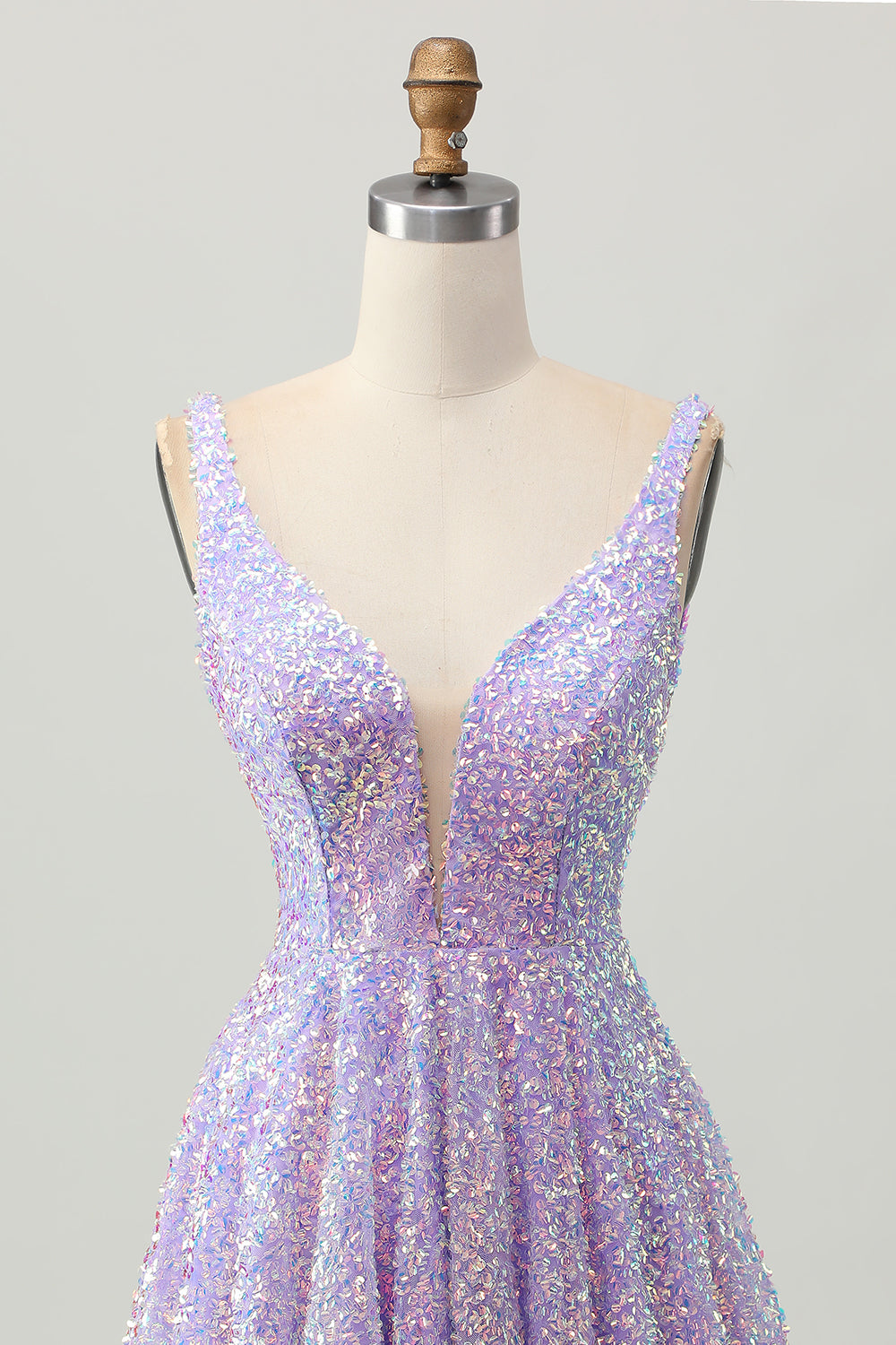 Paillettes A Line Robe courte à col en V lilas pour les retrouvailles
