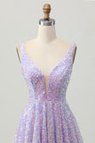Paillettes A Line Robe courte à col en V lilas pour les retrouvailles