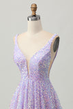 Paillettes A Line Robe courte à col en V lilas pour les retrouvailles