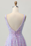 Paillettes A Line Robe courte à col en V lilas pour les retrouvailles