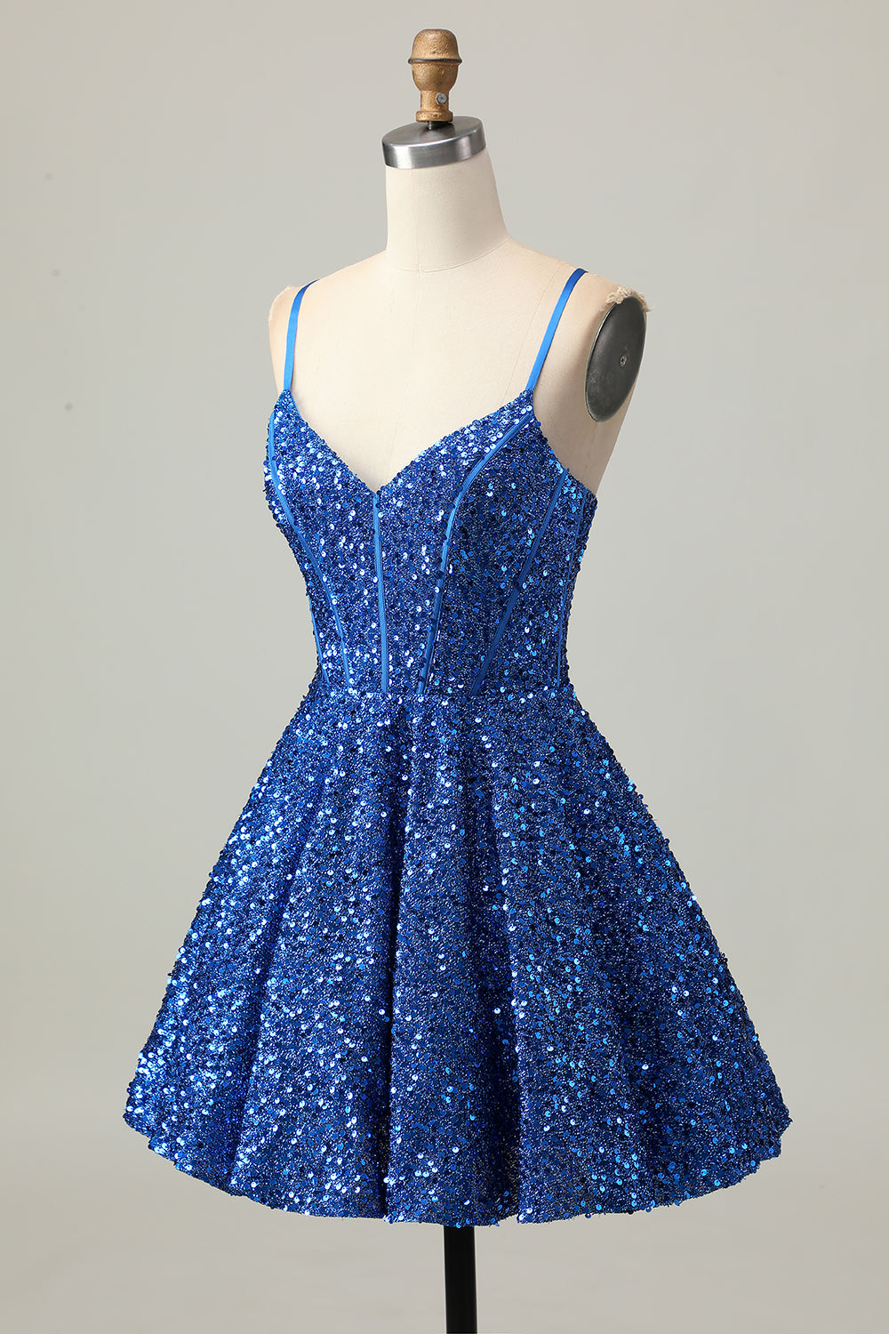 Paillettes bleu foncé Une ligne corset courte Robe de retour