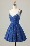 Paillettes bleu foncé Une ligne corset courte Robe de retour