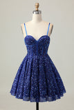 Robe corset corset à paillettes bleu foncé scintillant