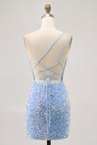 Robe de cocktail à une épaule bleue scintillante avec fente