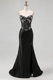 Robe De Soirée longue corset sirène sans bretelles noire avec lacets dans le dos