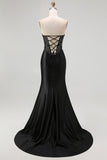 Robe De Soirée longue corset sirène sans bretelles noire avec lacets dans le dos
