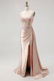 Corset Robe De Soirée Longue Perlée Sirène Champagne