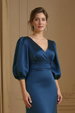 Sirène Satin Col V Marine Robe d’invitée de mariage avec manches 3/4