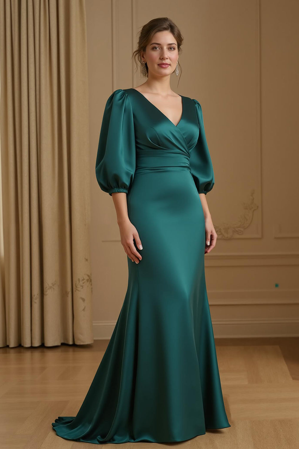 Sirène Satin Col V Marine Robe d’invitée de mariage avec manches 3/4