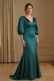 Sirène Satin Col V Marine Robe d’invitée de mariage avec manches 3/4