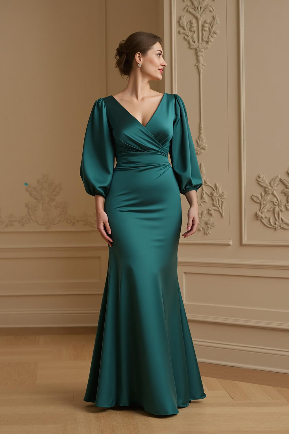 Sirène Satin Col V Marine Robe d’invitée de mariage avec manches 3/4